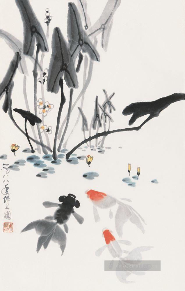Wu zuoren spielen Fisch 1988 alte China Tinte Ölgemälde
